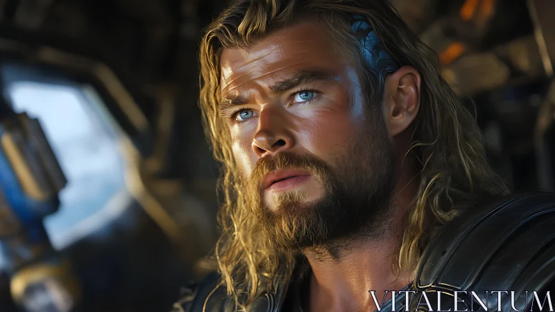 Stoic space warrior bathed in soft cosmic daylight.