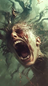 Submerged screaming head with decayed flesh and tendril-like hair