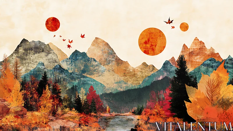 Surreal autumn mountains under twin suns glow in harmony.
