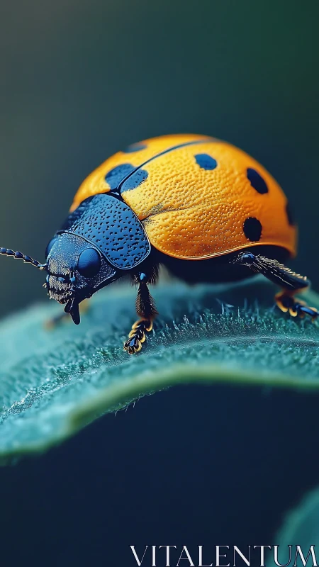 Golden armor ladybug scouts a turquoise leaf frontier.