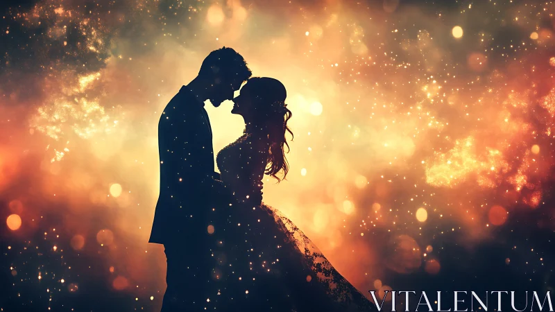Silhouetted Romantic Couple Kiss with Golden Particle Bokeh Overlay.