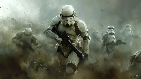 Armored infantry charge through particulate war fog field.