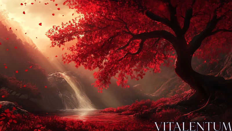 Crimson forest tree overlooks glowing waterfall at dusk.