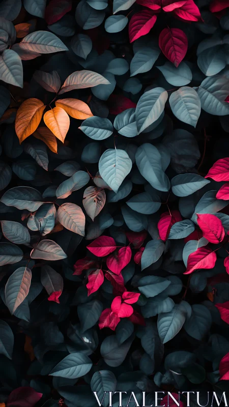 Midnight leaves whisper in cyan, crimson and ember tones