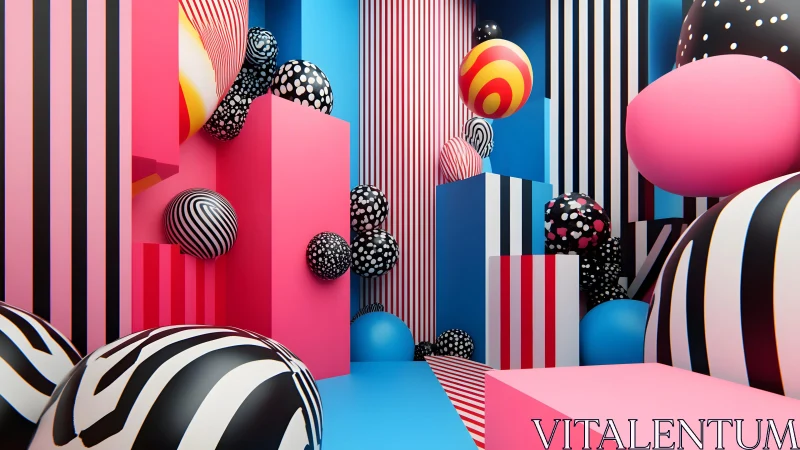 Striped confetti corridor with bold bouncing illusion spheres.