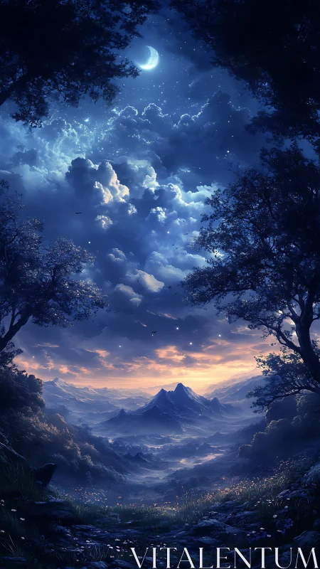 Mountain valley landscape under crescent moon and dusk sky.