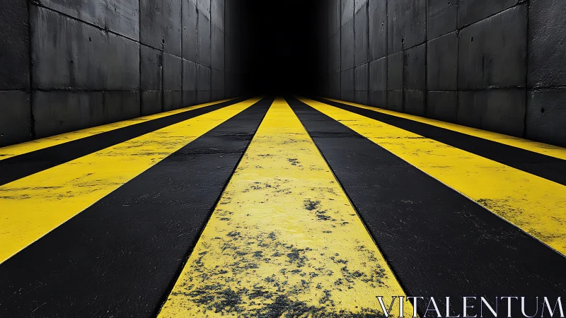 Bold yellow stripes lead into a mysterious industrial tunnel