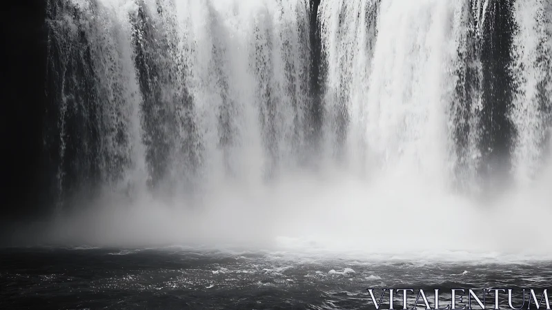 Thunderous silver curtain of mist-shrouded waterfall power.