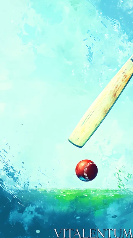 Cricket bat and ball in dynamic turquoise splash scene.