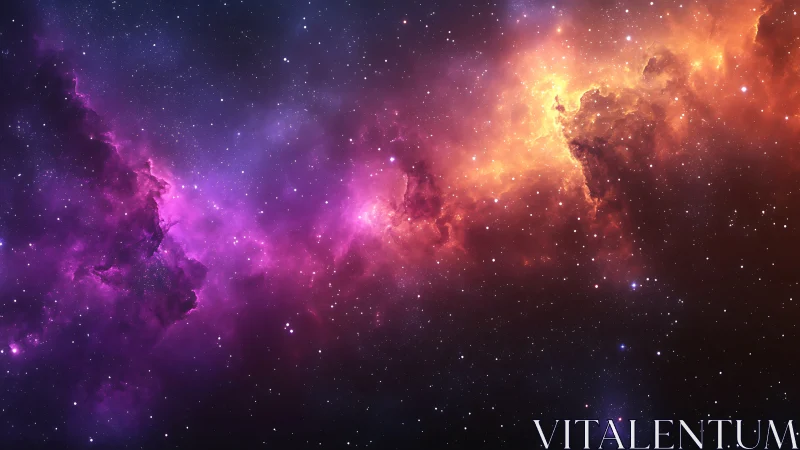 Deep space nebula with vivid purple and orange gas clouds.