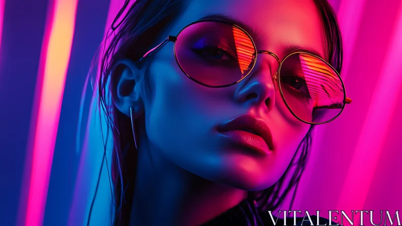 Neon rim-lit portrait shows reflective lenses and saturated bicolor lighting