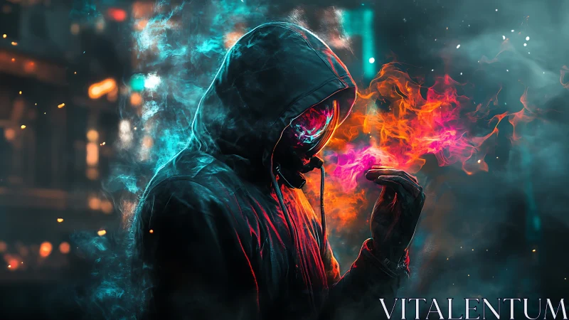 Hooded cyber figure manipulates neon plasma flames in dense fog
