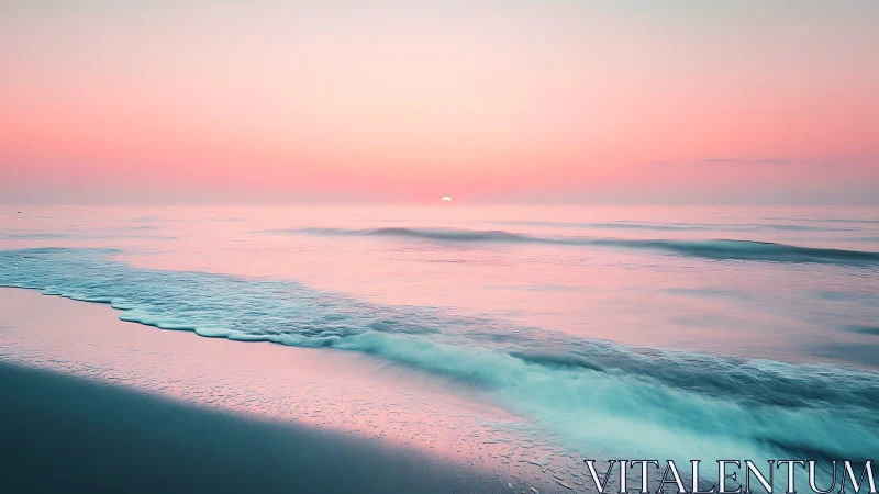 Pastel shoreline waves under tranquil pink sunrise glow.