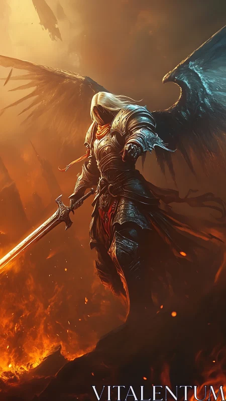 Winged armored warrior with sword in fiery environment.