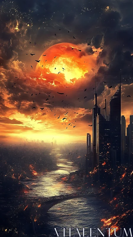 Fiery urban sunset river under a dramatic burning sky.