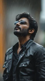 Man in sunglasses embraces the rain with quiet confidence