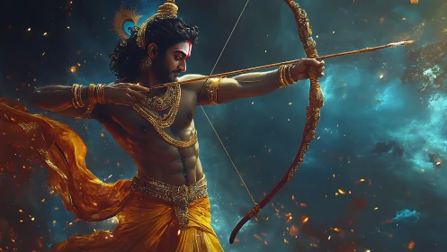 Mythic archer warrior drawing bow in glowing night sky.