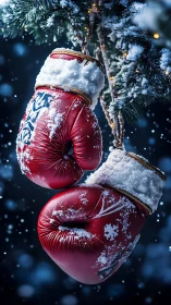 Red boxing gloves covered in frost hanging from evergreen branch