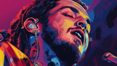 Vibrant digital portrait of singer lost in performance.