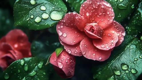 Red Roses with Dew Drops on Green Foliage After Rain