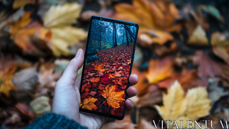 Smartphone frame isolates vivid autumn forest pathway.