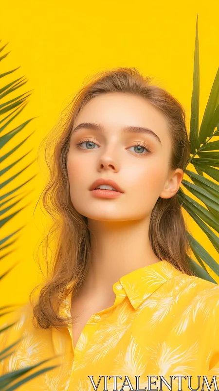 Portrait of young woman in yellow shirt with palm leaves