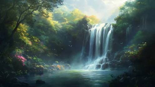Digital rendering depicts multi-tiered waterfall in forest basin