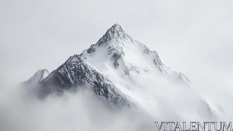 Minimalist photorealistic alpine peak in soft atmospheric haze.