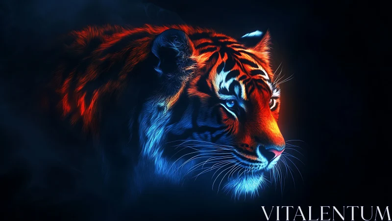 Neon-lit tiger profile glows against deep shadowed void.