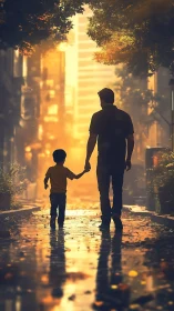Golden hour moments between parent and child walking together.