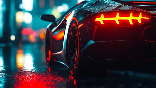 Neon backlit supercar rear rendered with wet-surface reflections