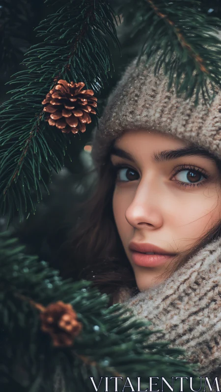 Winter portrait captures serene gaze framed by pine branches