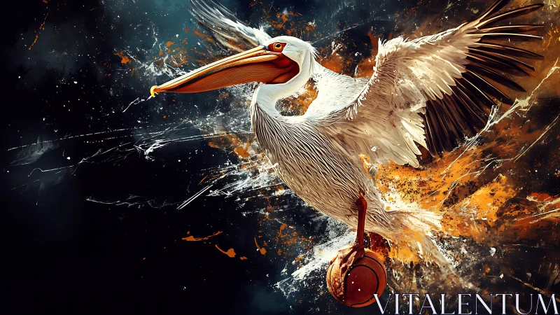 Soaring pelican hero carrying a basketball through sparks.
