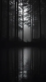 Foggy forest shoreline wrapped in quiet moonlit reflections.