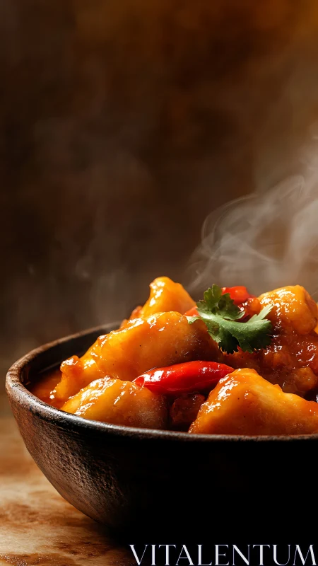 Steaming glazed chicken and peppers sit in a rustic dark bowl