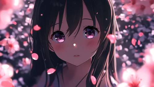 Soft-lit anime portrait contrasts bokeh blossoms with reflective eyes