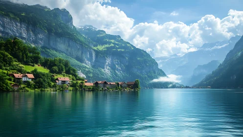 Peaceful lakeside village rests beneath grand green cliffs