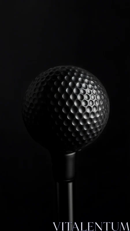 Midnight dimples on a lone sculpted golf sphere spotlighted.