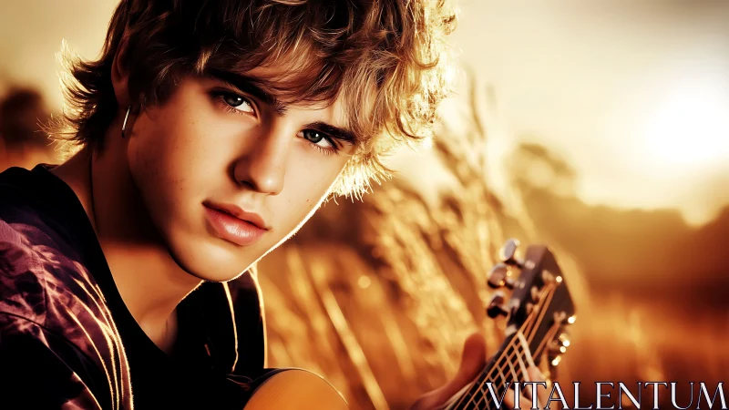 Young guitarist in golden field at warm sunset light.