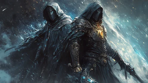 Twin hooded knights emerge in swirling blue stormlight.