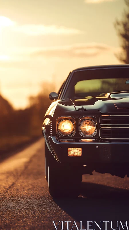 Sunlit classic muscle car front captured in shallow focus