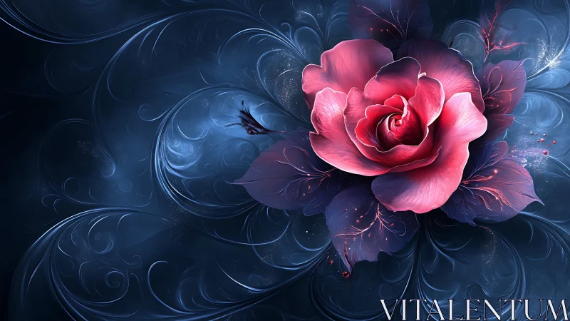 Radiant magenta rose rendered in intricate swirling fractal foliage