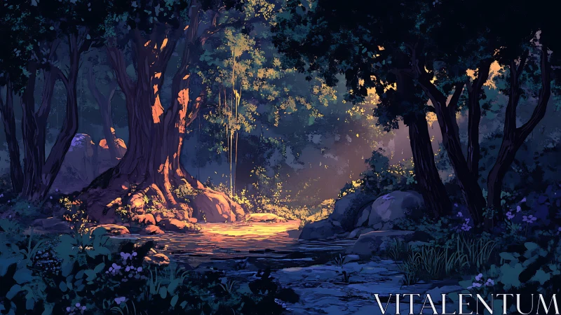 Luminescent Forest Pathway: Nocturnal Woodland with Golden Radiance