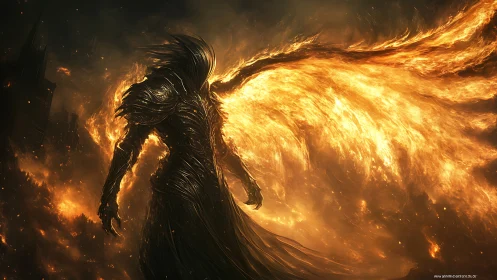 Digital painting of infernal winged knight in molten chiaroscuro.