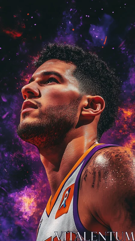 Basketball player portrait glows against cosmic nebula background