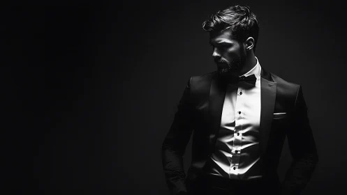 Elegant tuxedo portrait under dramatic low-key studio light.
