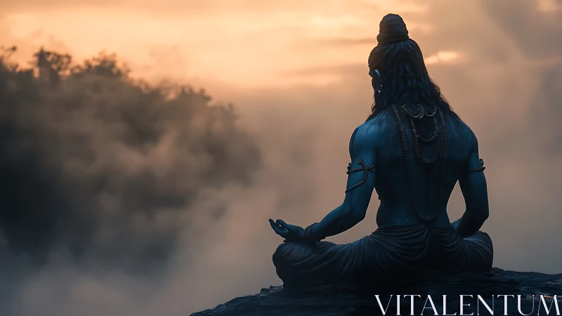 Blue-skinned figure meditating on cliff above mist at dawn.