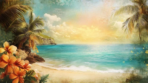 Tropical Coastal Landscape with Botanical Elements.