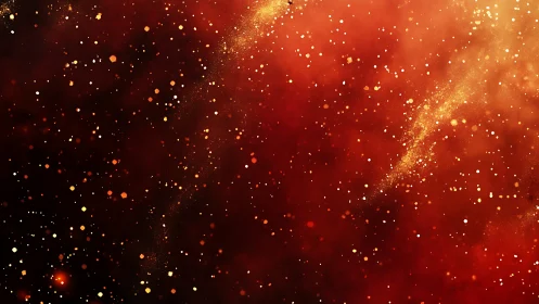 Red and gold particle field glows against dark background