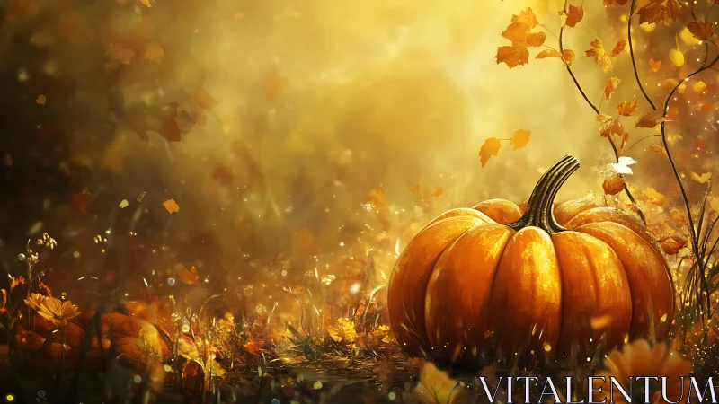 Golden autumn meadow with pumpkins and falling leaves.